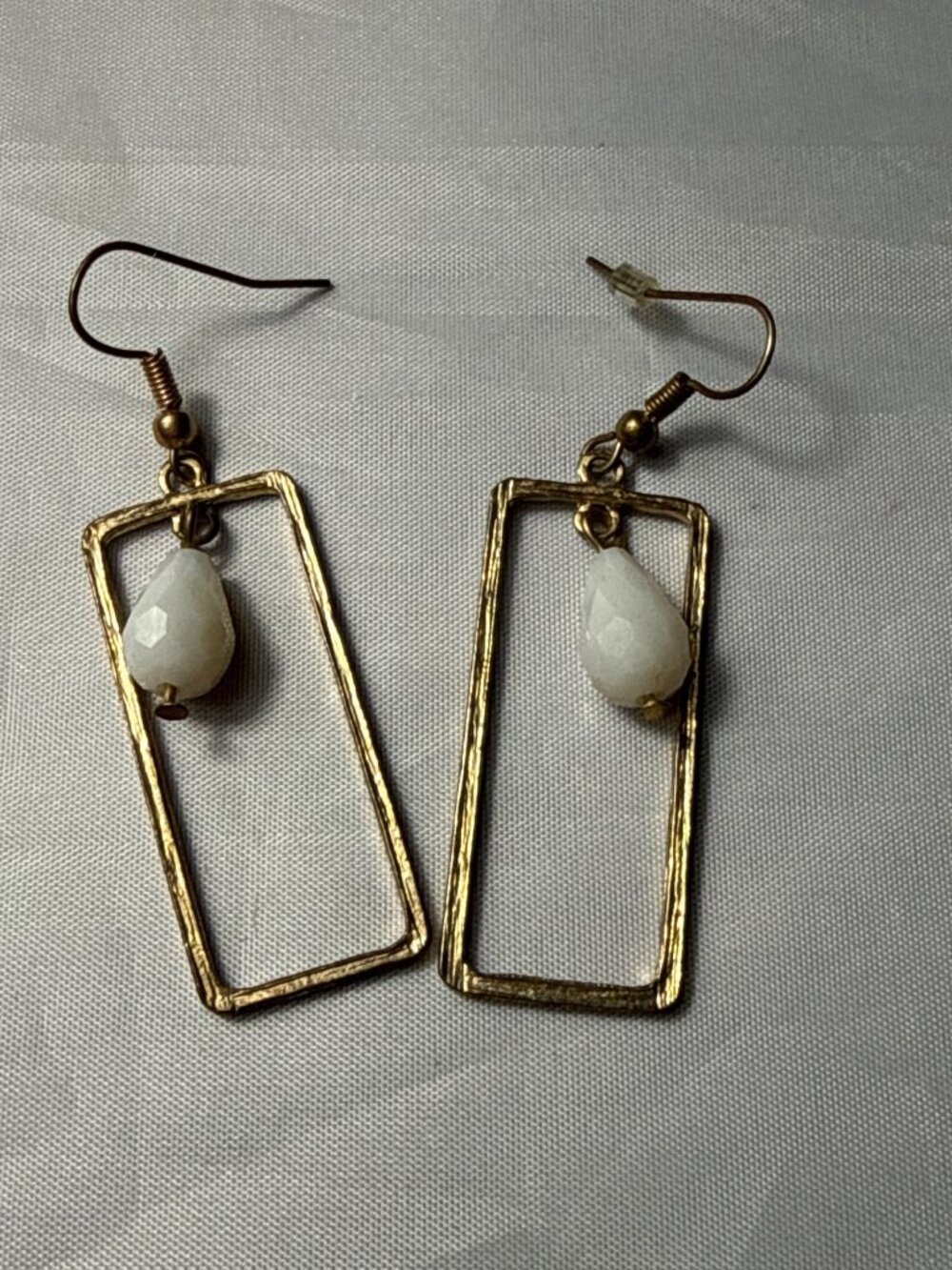 Boho Gold Textured Rectangle Dangle Earrings White Teardrop Bead